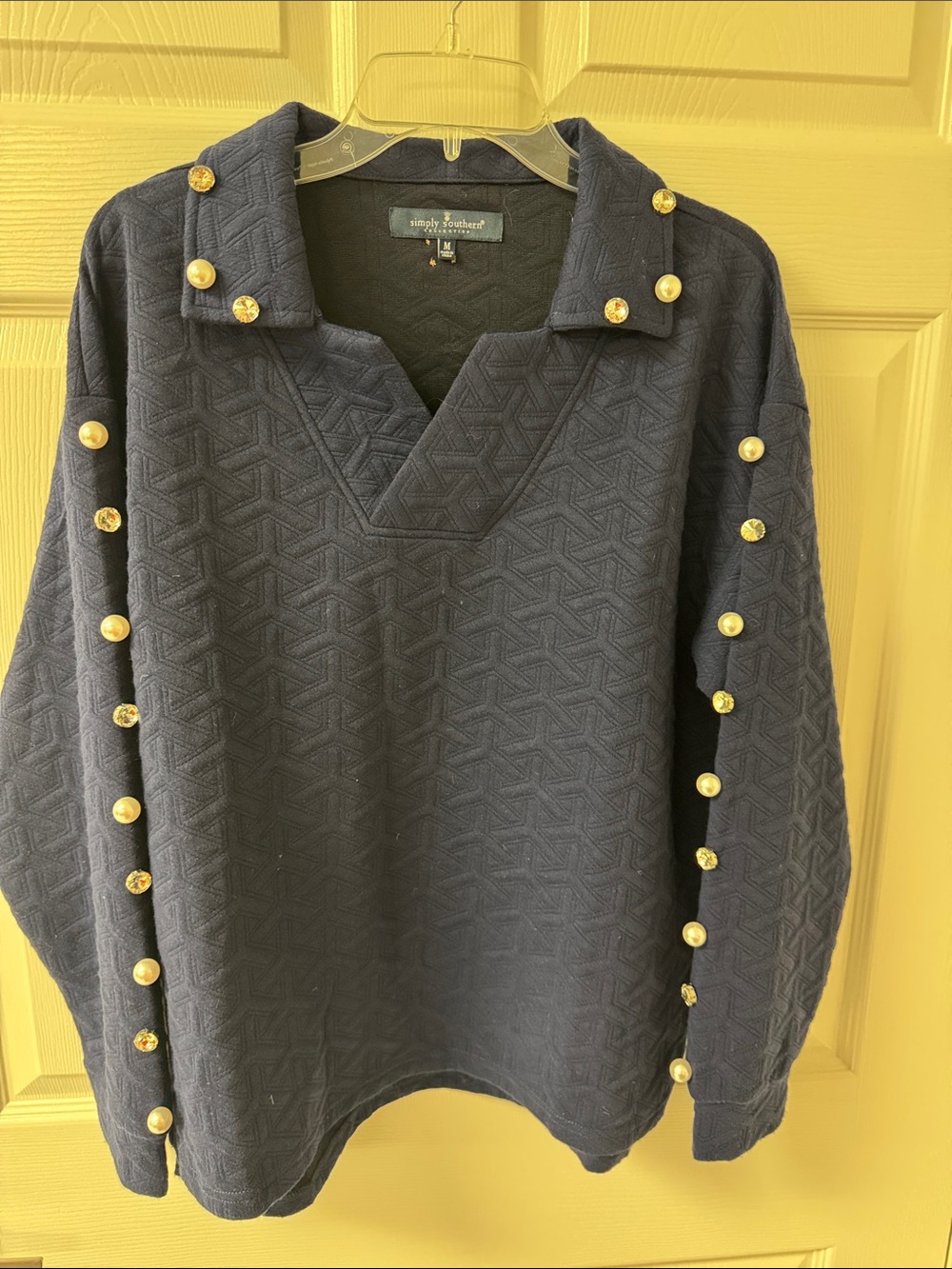 Simply Southern Navy V-Neck Pullover with Pearl & Rhinestone Buttons